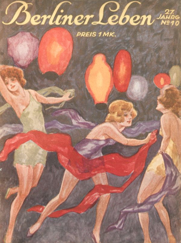 Ein Magazin-Cover mit einem Bild von drei Frauen in bunten Kleidern, die mit ausgestreckten Armen tanzen und von farbigen Ballons umgeben sind, mit dem Text 'Berliner Leben' wahrscheinlich der Titel des Magazins.