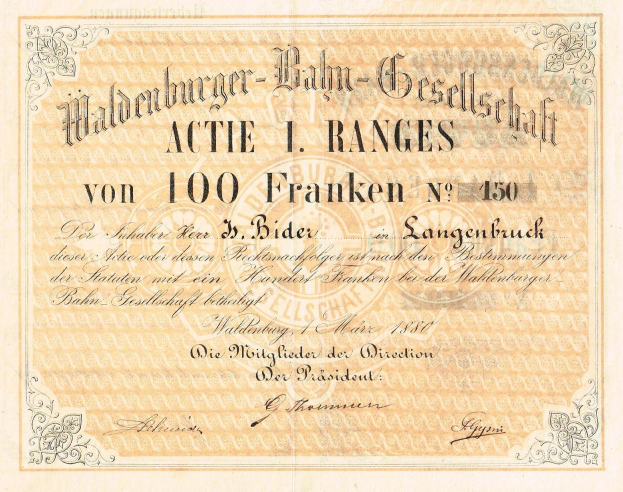 Ein altes deutsches Banknotenbild mit einem Mannporträt und dem Text "Haldenburger-Balm Gesellschaft Actie 1 Ranges".