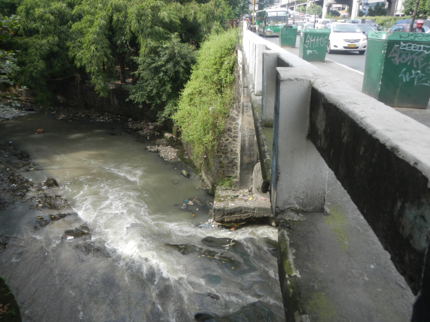 Ein kleiner Bach fließt durch eine Stadtstraße neben einer Brücke, mit verschiedenen städtischen Elementen wie Fahrzeugen, Menschen, Gebäuden und Grünflächen im Vordergrund und dem Himmel im Hintergrund.