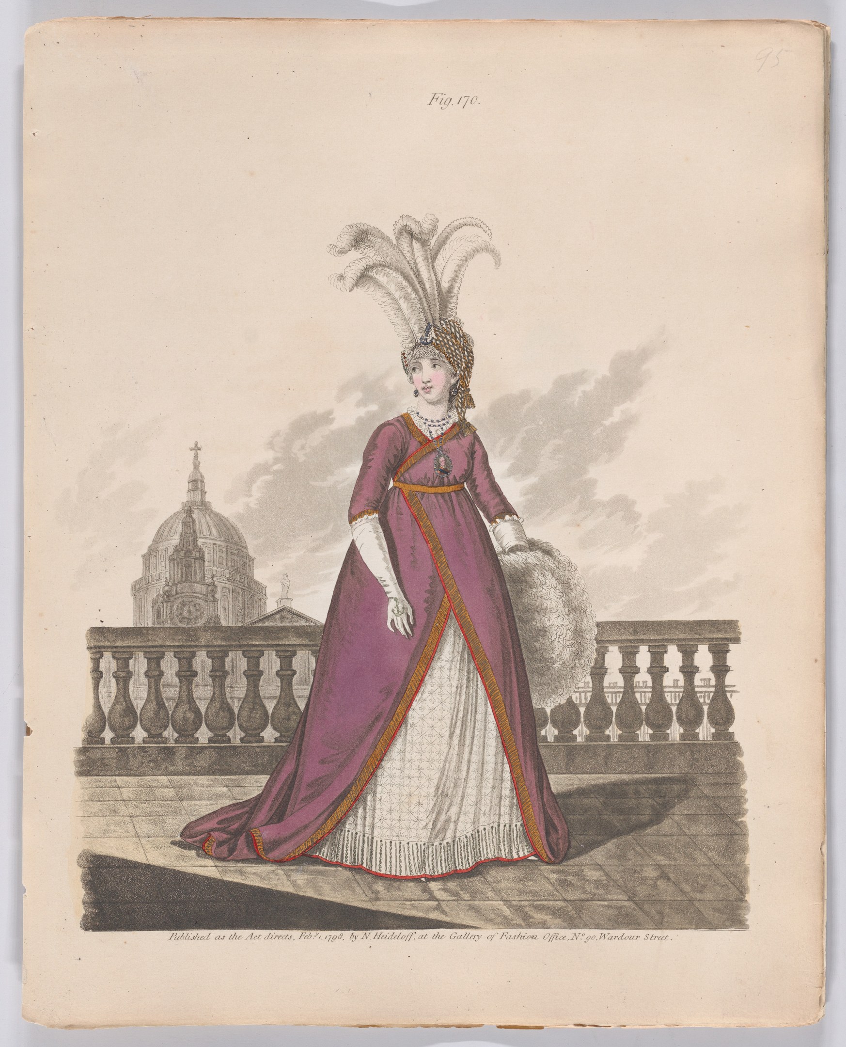 Frau in einem violetten und weißen Kleid mit Federschmuck, die an einem Geländer steht, mit einem Gebäude und Wolken im Hintergrund, beschriftet mit 'Fashion of New York, New York Street, 1790'.