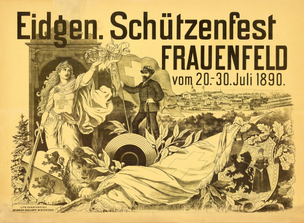 Plakat für das Eidgenössische Schützenfest in Frauenfeld, Deutschland, das einen förmlich gekleideten Mann und eine Frau zeigt, die nebeneinander stehen, mit Ereignisdetails im Text.
