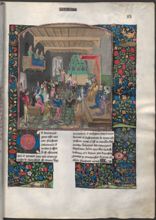 Ein aufgeschlagenes Buch mit einer illuminierten mittelalterlichen Handschrift in leuchtenden Farben, detaillierten Verzierungen und einer lebendigen Szene von Menschen in einem Gespräch.