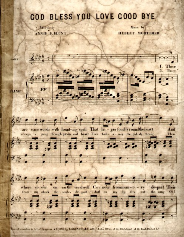 Ein altes Notenblatt mit der Überschrift 'God Bless You Love Goodbye' mit musikalischen Noten und Symbolen