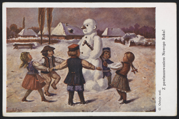 Eine Gruppe von Kindern, die mit einem Schneemann in einem verschneiten Gebiet spielen, umgeben von Häusern, Bäumen und einer Bank, mit sichtbarem Text auf der rechten Seite.