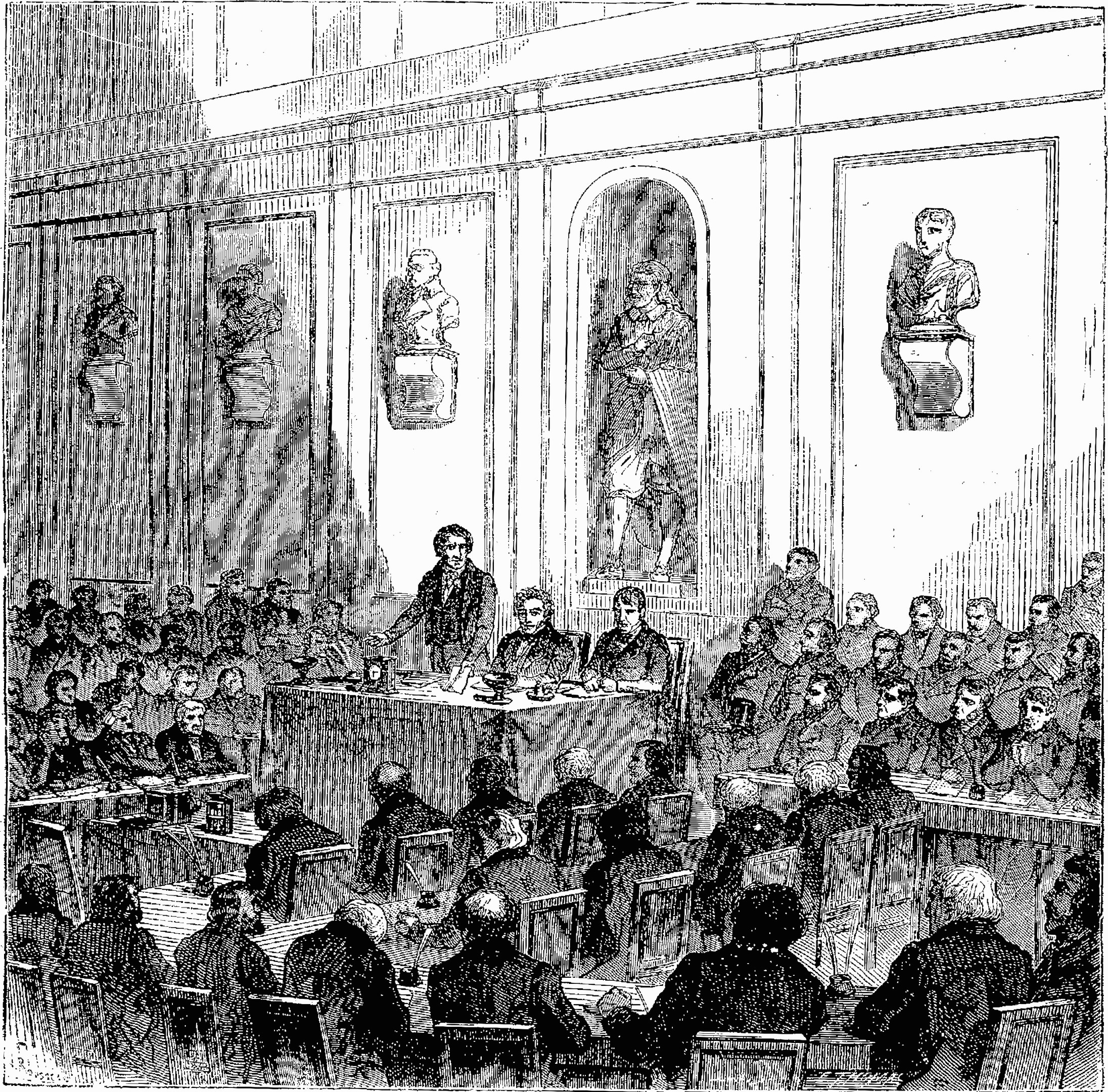 Schwarze und weiße Zeichnung eines Gerichtssaals mit sitzenden Personen auf Stühlen und einigen im Hintergrund stehenden, beschriftet mit "Oberverwaltungsgericht" unten.