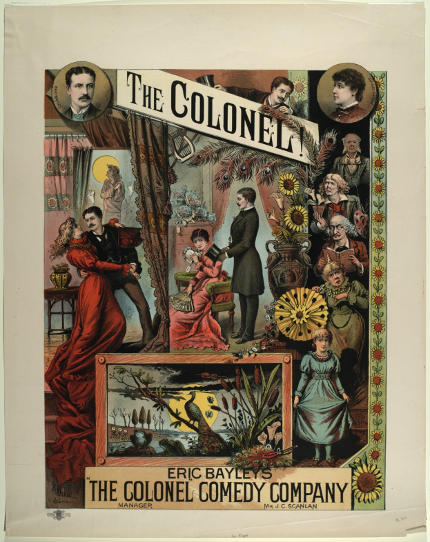 Plakat für "The Colonel Comedy Company" mit einer Gruppe in Kolonialkleidung, schwarzer fetter Schrift und einem tiefblauen Sternenhimmel.
