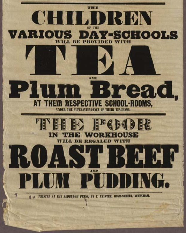 Ein Blatt Papier mit der Aufschrift "Die Kinder der verschiedenen Tagesschulen werden mit Tee, Pflaumenbrot und Rindfleisch und Pflaumenpudding versorgt"