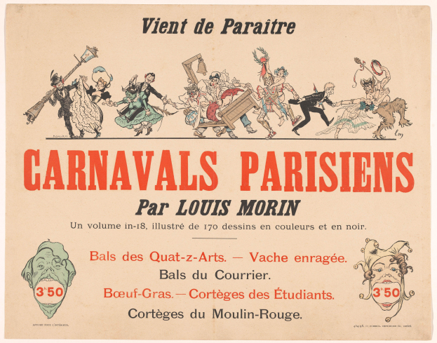 Ein Papier mit der Überschrift "Carnivals Parisiens par Louis Morin" in fetter Schrift, das farbenfrohe, detaillierte Entwürfe von Menschen in bunten Kostümen und Masken bei einer lebhaften Karnevalszenen zeigt.