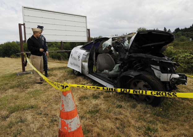 Polizeibeamter in Uniform inspiziert ein schwerbeschädigtes Auto mit eingedellter Motorhaube und zersplitterten Fenstern am Straßenrand, mit einem Verkehrskegel und einem Band in der Nähe vor einem Hintergrund aus Bäumen und einem bewölkten Himmel.