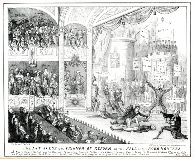 Eine Schwarz-Weiß-Zeichnung einer vollen TheaterSzene mit Menschen, die stehen, sitzen und auf dem Boden liegen, und einer Person rechts mit einem Schild, auf dem "Die letzte Szene des Triumphs der Reform oder der Fall der Boro Mongers" steht.