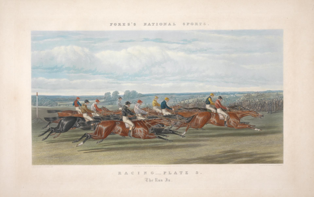 Gemälde von Reitergruppen auf einer Rennbahn mit Bäumen und Wolken im Hintergrund, untertitelt mit "Racing Plate 3: The Run 3".