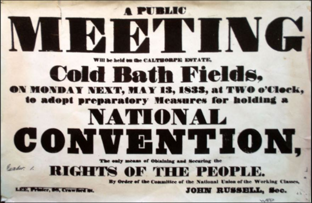 Schwarzer und weißer Plakat mit der Aufschrift 'Öffentliche Versammlung, Cold Bath Fields, National Convention, Rechte des Volkes'.