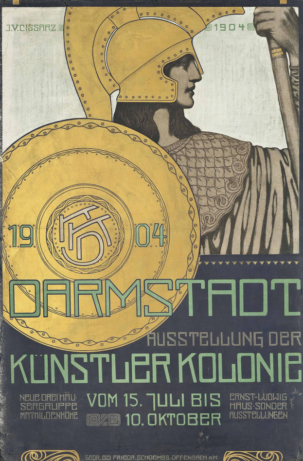 Plakat für ein 1904er Konzert in Berlin mit einem Helmbewaffneten, der ein Schild hält, mit «Darmstadt» und «Kuenstler Kolonie» in fetter Schrift.