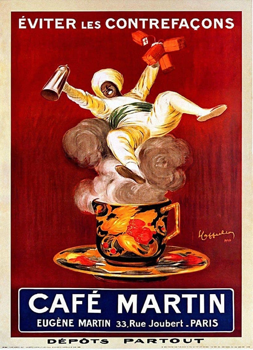 Plakat für das Café Martin in Paris, das Kaffee und Getränke anbietet, mit einer Person, die eine Tasse hält und "Café Martin" in fetter Schrift darüber.