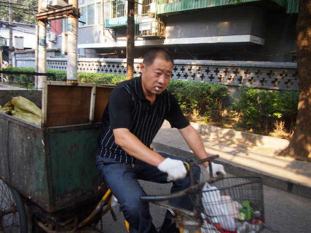 Eine Person fährt mit dem Fahrrad auf einer Straße neben einem Gehweg mit Pflanzen und aktuellen Umfragen, mit Gebäuden und Bäumen im Hintergrund.