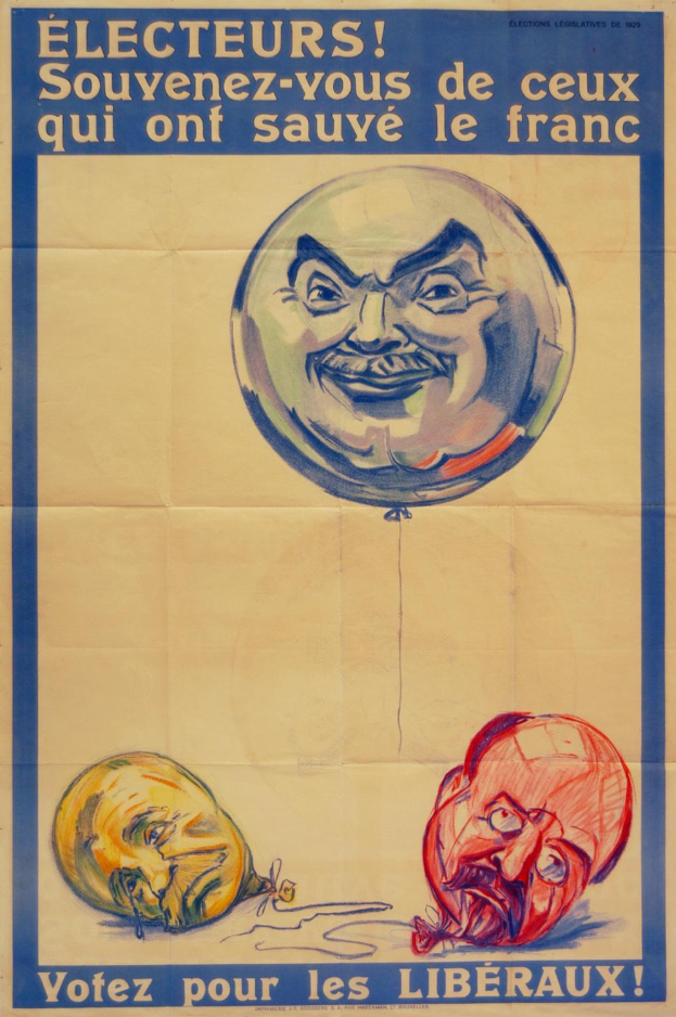 Ein französischer Wahlplakat aus den 1920er Jahren, das einen Mann mit einem Ballon in der Hand zeigt und dazu aufruft, diejenigen zu wählen, die die französische Freiheit gerettet haben.