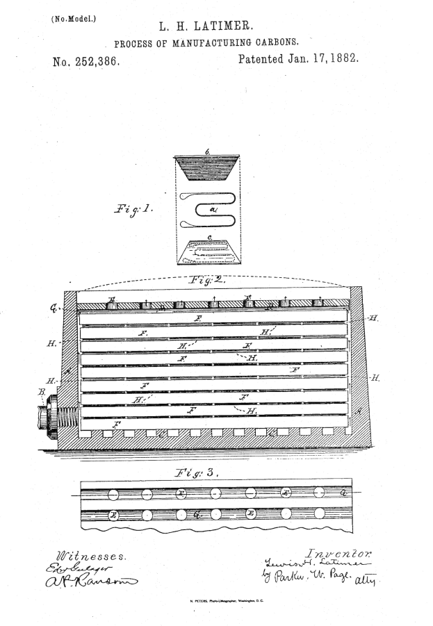 Schwarz-weißes Patentzeichnung eines Geräts mit einer beschrifteten Vorrichtung, betitelt mit "Prozess zur Herstellung von Karbonen", Patent Nr. 252,386.