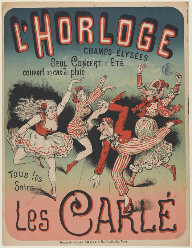 Ein farbenfrohes Konzertplakat für ein Event im Chorlage in Paris, Frankreich, das eine Gruppe von Menschen in bunten Kostümen mit freudigen Gesichtern beim Tanzen zeigt, umgeben von auffälligem Text auf einem hellgelben Hintergrund.