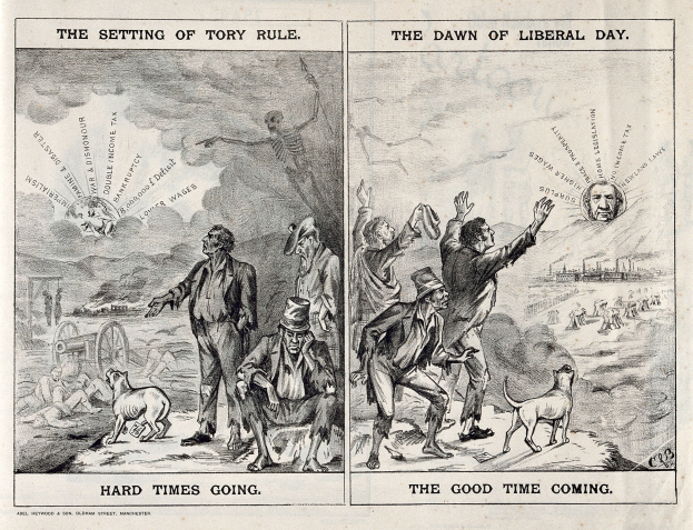 Schwarze und weiße Illustration, die den Übergang von Tory-Regelung zu liberaler Regierung zeigt, mit mehreren Menschen, Tieren und Gegenständen.