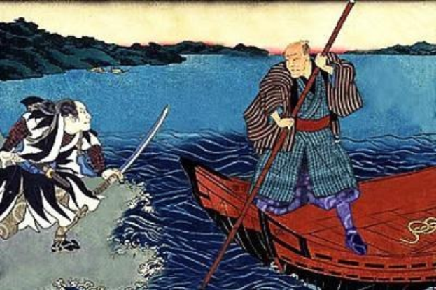 Zwei Männer in einem Boot auf dem Wasser, einer hält einen Stock, mit Hügeln und Himmel im Hintergrund, betitelt "Die Rückkehr des Samurai" von Utagawa Kunisada Toyokuni III/Kuniyoshi Toyokubi III.