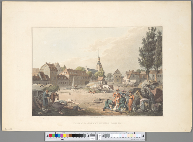 Ein Blick auf die Grimmma-Siedlung in Leipzig mit Menschen, Tieren, Wagen, Bäumen, Gebäuden und einer Kirche mit Text unten und Himmel oben.