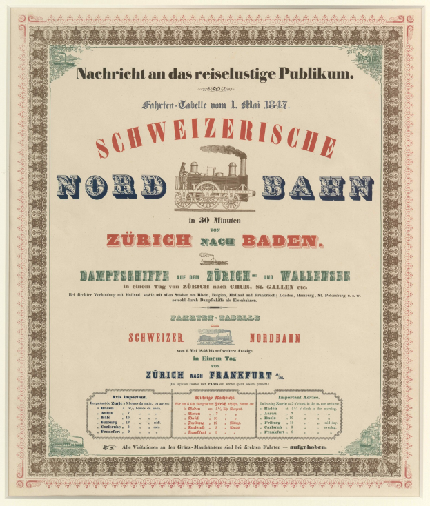 Plakat mit einem Zug in der Mitte auf einem hellgelben Hintergrund mit schwarzem und weißem Karomuster, Schriftzug "Schweizerische Nordbahn in Baden, Deutschland" in fetter schwarzer Schrift mit einem dekorativen Rahmen.