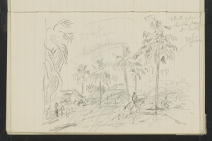 Ein offenes Skizzenbuch, das eine Zeichnung von Menschen zeigt, die in einem üppigen Dschungel mit hohen Bäumen, einem tiefblauen Himmel und ein paar Wolken stehen.