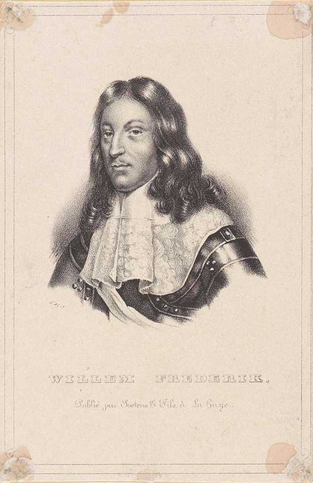 Schwarzes und weißes Porträt von William Frederick, dem Duke of York, mit langen Haaren, mit Text unten im Bild.
