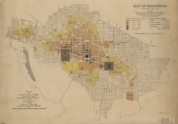 Alte Karte von Washington, D.C., die detaillierte Straßen, Parks und Sehenswürdigkeiten mit fettem Text auf der realen Immobilienbewertung zeigt.