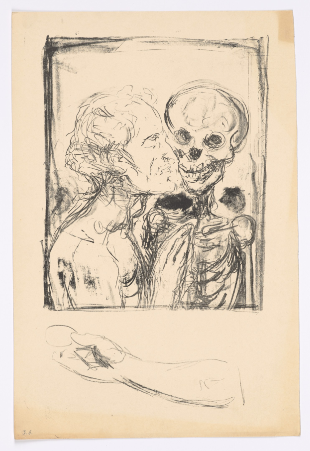 Eine Zeichnung von einem Mann und einer Frau, die sich umarmen und küssen, mit einem Schädel im Hintergrund.