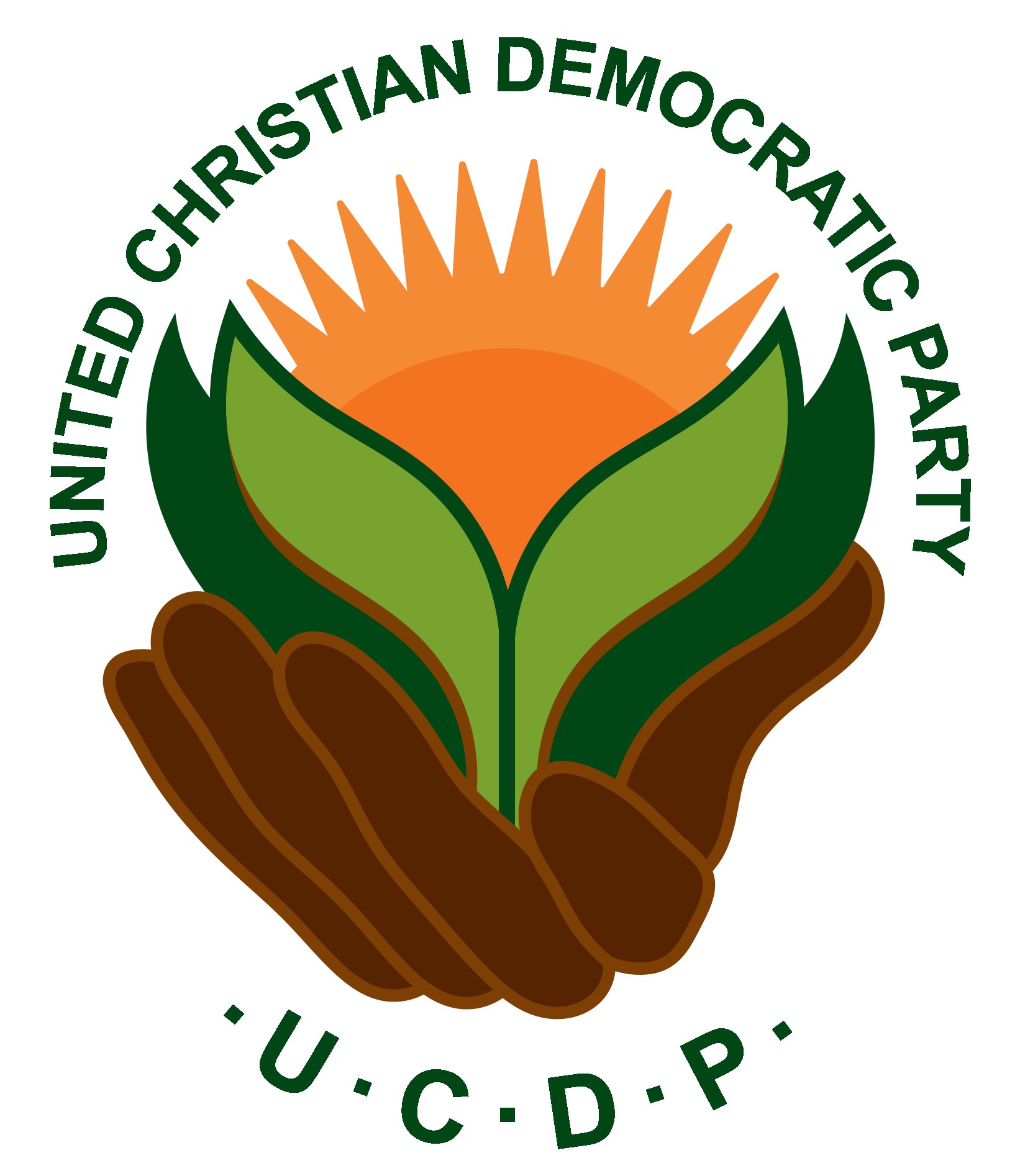 Logo der Vereinigten Christdemokraten (UCDP): Eine Hand hält eine leuchtend gelbe Blume mit grünem Stiel und Blättern, mittig in einem blauen und gelben Kreis auf einem weißen Hintergrund, darunter steht in fetter schwarzer Schrift 'UCDP'.