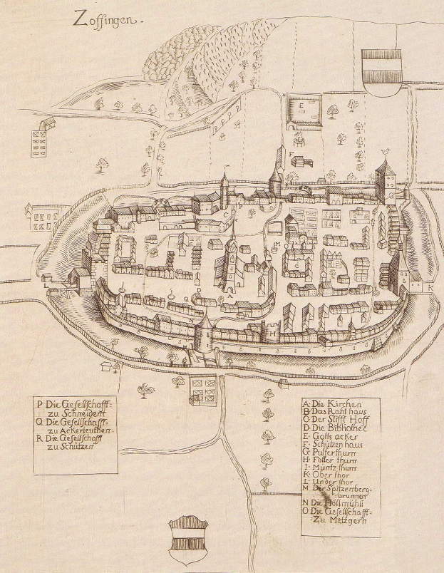 Detailiertes altes Stadtplan von Zoffingen, Deutschland, zeigt Straßen, Gebäude, Bäume und Text auf altem Papier.