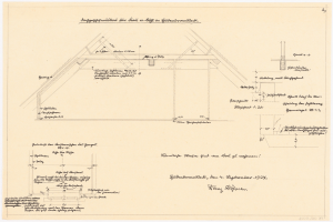 Schwarze und weiße architektonische Zeichnung eines Hauses mit einem geneigten Dach, beschriftet als erster Grundriss, begleitet von detaillierten Strukturplänen und Text.