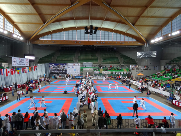 Eine große Gruppe von Menschen auf einer blauen Matte in einem Stadion, umgeben von sitzenden Zuschauern, mit Bannern, Fahnen, Bildschirmen und Lichtern im Hintergrund, während eines Judo-Matches.
