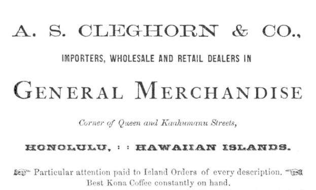 Schwarz-weißes Papier mit Text "A.S. Cleghorn & Co. Importeure, Groß- und Einzelhandelsgeschäfte in Allgemeinwaren."