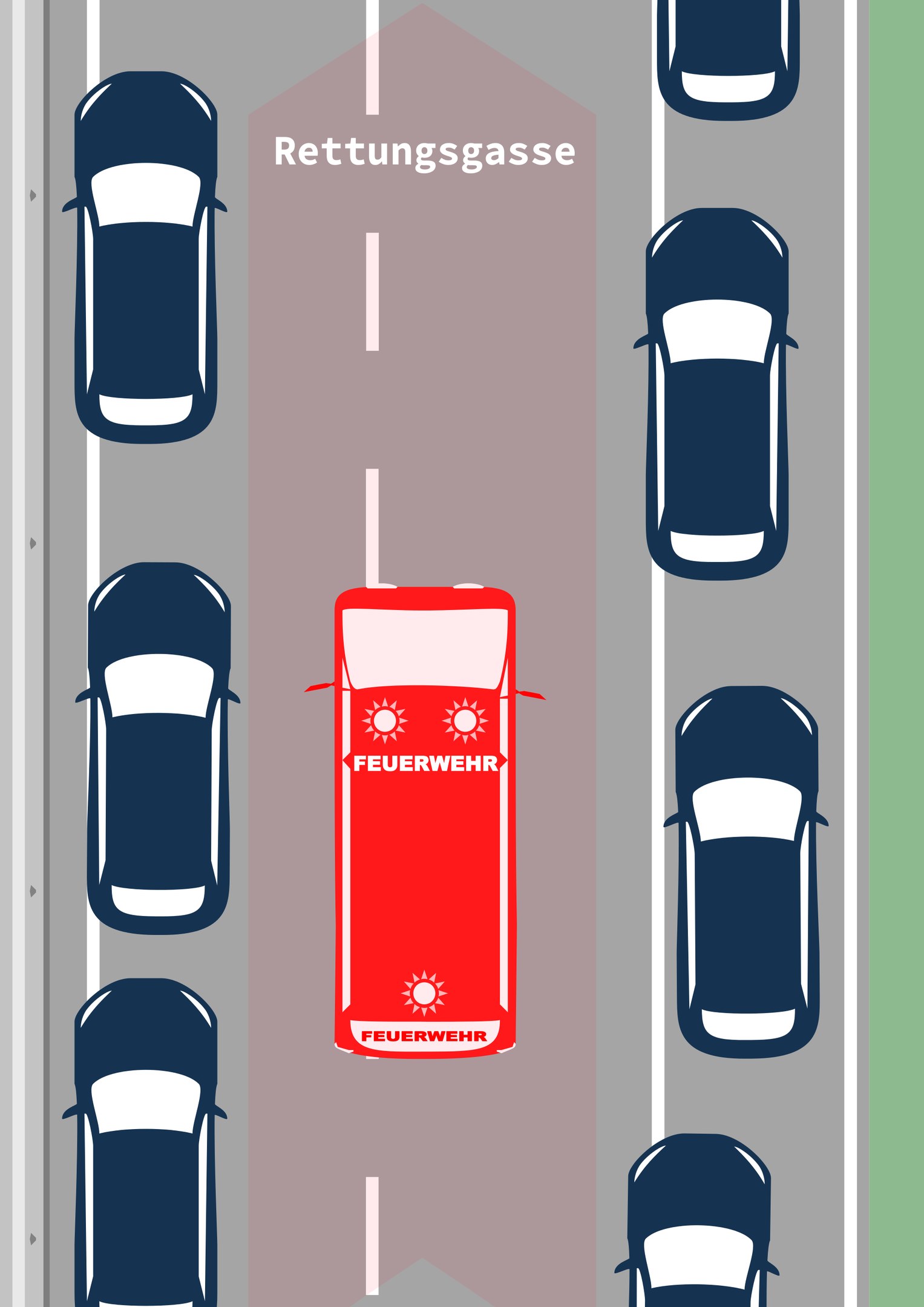 Roter Wagen fährt auf einer Straße mit der Aufschrift "Rettungsgasse" und wird von anderen Fahrzeugen umgeben, als Teil einer Verkehrssicherheitsaktion.