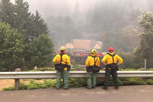Drei Feuerwehrleute in gelben Westen, grünen Hosen und roten Helmen stehen an einer Straßenseite, im Hintergrund brennt ein Haus, mit Bäumen und Fahrzeugen im Bild.