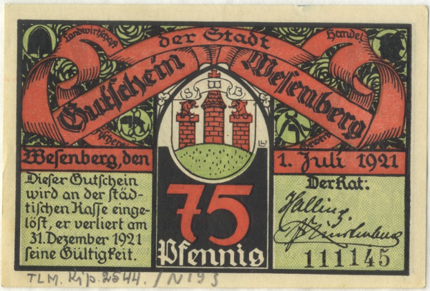 Eine alte deutsche Banknote mit einer Gebäudeillustration, darauf der Text "Bundesliga" und ein Logo unten, vor einem weißen Hintergrund.