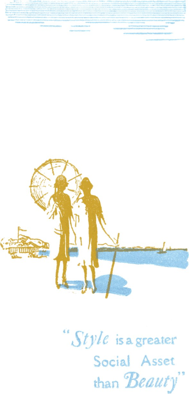 Plakat mit minimalistischem weißen Hintergrund und hellblauem Rahmen, das zwei Figuren zeigt, die sich umarmen, mit der fetten schwarzen Schrift "Stil ist ein größeres soziales Asset als Schönheit" darüber.