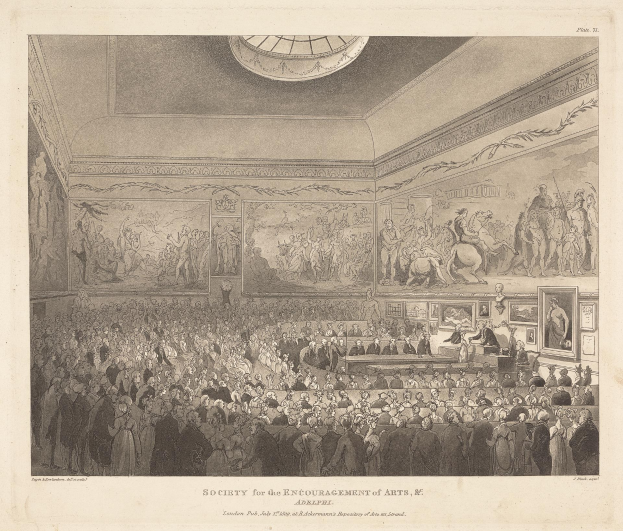 Gravierung eines großen Raums mit stehenden und sitzenden Menschen, Fotorahmen an den Wänden und Text unten mit der Aufschrift "Gesellschaft zur Förderung der Künste".