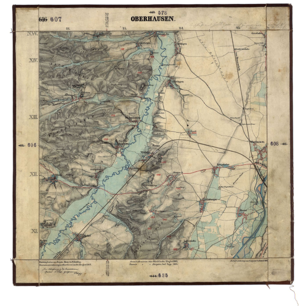 Alte topografische Karte von Oberhausen, Deutschland, die geographische Merkmale wie Berge, Flüsse und Städte mit detaillierten Textanmerkungen auf einem weißen Hintergrund zeigt.