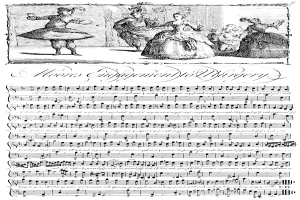 Eine Schwarz-Weiß-Zeichnung von Menschen in historischer Kleidung, die um ein Notenblatt tanzen, das 'Moores Engagement zu Operation' trägt.