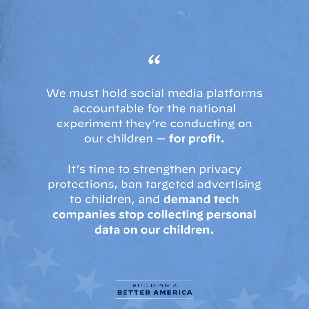 Plakat mit einem Zitat aus Building a Better America, das besagt, "Wir müssen die Social-Media-Plattformen für das nationale Experiment zur Rechenschaft ziehen, das sie an unseren Kindern durchführen - zum Profit.", geschmückt mit Sternen.