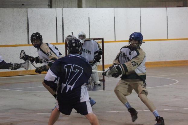 Mehrere Personen mit Helmen und Stöcken scheinen in eine körperliche Auseinandersetzung verwickelt zu sein, mit einem Netz im Hintergrund und einem Boden darunter.