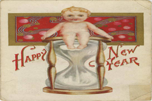 Eine altmodische Postkarte mit einem Baby in einem weißen Kleid, das auf einer Sanduhr sitzt, mit der Aufschrift "Frohes neues Jahr" in einer dekorativen Schriftart.