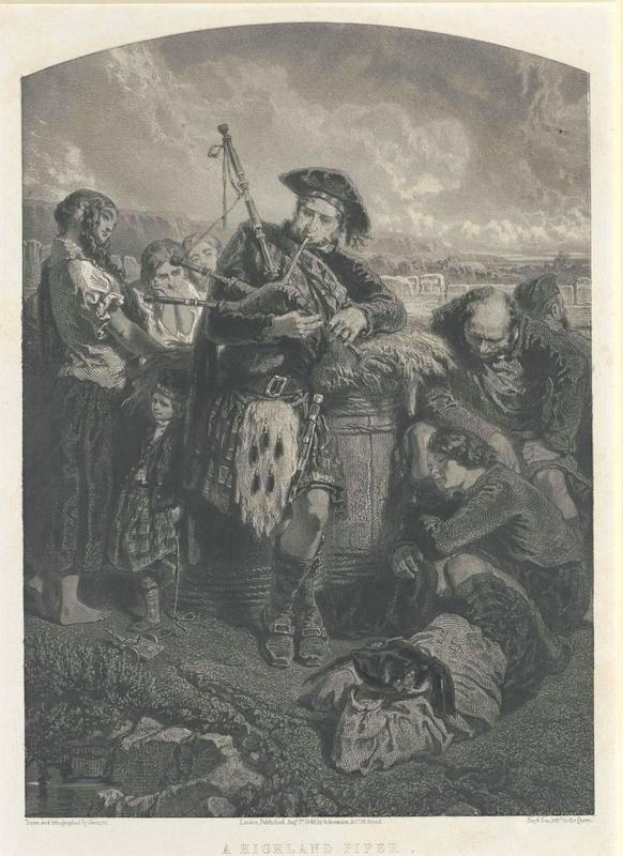 Schwarze und weiße Gravur eines Mannes, der eine Dudelsack vor einer Gruppe von Menschen unter einem bewölkten Himmel spielt, mit der Aufschrift "Ein Highland-Pfeife" unten.
