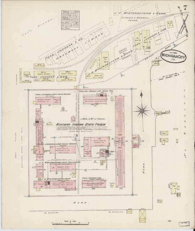 Alte Detroit-Karte, Michigan, mit hervorgehobener Lage des nördlichen Indiana-Gefängnisses und gedruckten Textdetails.