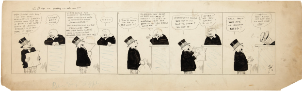 Cartoon eines Mannes mit Zylinder und einer Frau in einem Kleid, die diskutieren, wobei der Mann ein Blatt Papier hält.