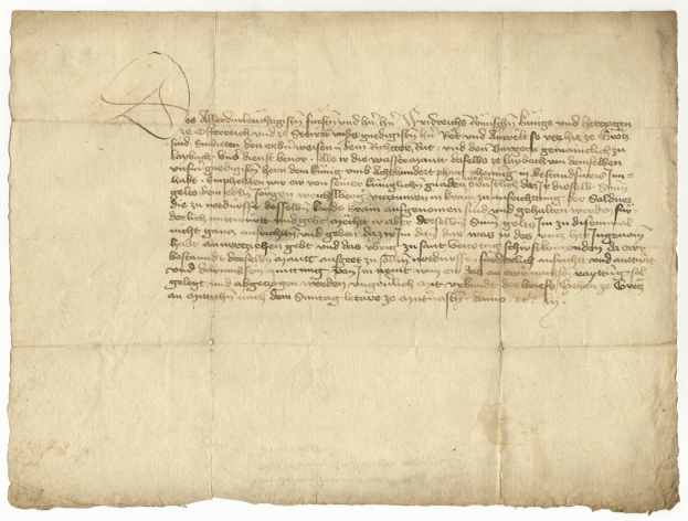 Ein vergilbtes, altes Stück Papier mit sauberer, lesbarer, formaler Schreibschrift, das mutmaßlich ein Brief des deutschen Finanzministers an seine Frau ist.