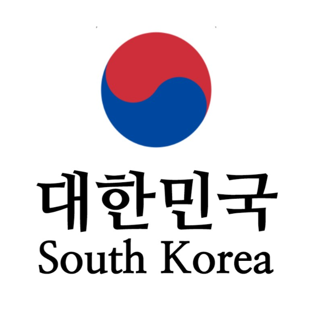 Südkorea-Logo mit einem blauen und roten Kreis mit 'Südkorea' in weißem Text in der Mitte.